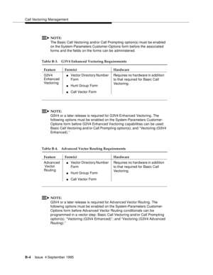 Page 298Call Vectoring Management
B-4Issue  4 September 1995 
NOTE:
The Basic Call Vectoring and/or Call Promp ting  option(s) must be enabled 
on the System-Parameters Customer-Options form before the associated 
forms and the fields on the forms can be administered.
NOTE:
G3V4 or a later release is required for G3V4 Enhanced Vectoring. The 
following options must be enabled on the System-Parameters Customer-
O ptions form before G3V4 Enhanced Vectoring capabilities can be used: 
Basic Call Vectoring and/or...