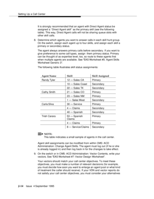 Page 397Setting Up a Call Center
J-14Issue  4 September 1995 
It is strongly recommended that an agent with Direct Agent status b e 
assigned a ‘‘Direct Ag ent skill’’ as the primary skill (see the following 
table). This way, Direct Agent calls will not be sharing queue slots with 
other skill calls.
8. Determine which agents you want to answer calls in each  skill hunt group. 
On the switch, assign each agent u p to four skills, and assign each skill a 
primary or secondary status.
The agent always answers...