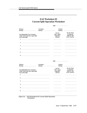 Page 400Call Vectoring/G3 EAS Option
Issue  4 September 1995
J-17
Figure J-6. EAS Worksheet #2: Current Split Operation
Worksheet
Do You Want
to Separate
Skill Set with
EAS? (Yes/No) Do You
Have Agent
Expertise?
(Yes/No) List Individually You Customer/
Caller Needs and Your Agent Skill
Sets in this SplitSplit
Tertiary
BackupSecondary
BackupPrimary
Backup
1.
2.
3.
4.
5.
6.
Do You Want
to Separate
Skill Set with
EAS? (Yes/No) Do You
Have Agent
Expertise?
(Yes/No) List Individually You Customer/
Caller Needs and...