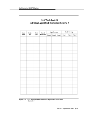 Page 402Call Vectoring/G3 EAS Option
Issue  4 September 1995
J-19
Figure J-8. EAS Worksheet #4: Individual Agent Skill Worksheet 
Generic 3
EAS Worksheet #4
Individual Agent Skill Worksheet Generic 3
Agent
NameClass of
RestrictionLogin
IDDirect
Agent?Login Coverage
Point 1
Point 2
Point 3Login Coverage
Point 1
Point 2
Point 3 