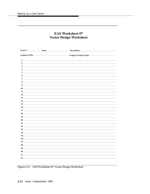 Page 405Setting Up a Call Center
J-22Issue  4 September 1995 
Figure J-11. EAS Worksheet #7: Vector Design Worksheet
Assigned VDNsAssigned Trunk Groups
DescriptionNameVector #
1.
2.
3.
4.
7.
8.
9.
10.
5.
6.
11 .
12.
13.
14.
17.
18.
19.
20.
15.
16.
21.
22.
23.
24.
27.
28.
29.
30.
31.
32.
25.
26.
EAS Worksheet #7
Vector Design Worksheet 