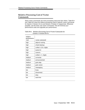 Page 427Relative Processing Cost of Vector Command s
Issue  4 September 1995
M-11
Relative Processing Cost of Vector 
Commands
Some vector commands use more p rocessing resources than others. Table M-4 
and Table M-5 show the relative processing costs of specific vector commands 
for Generic 3 Version 4i/v/vs and Generic 3 Version 4r respectively. Whenever 
possible, use the lower cost vector commands. This will minimize your 
performance costs and upgrade your performance.
Table M-4. Relative Processing Cost of...