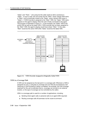 Page 52Fundamentals of Call Vectoring
3-10Issue  4 Septemb er 1995
‘‘Sales’’ and ‘‘Parts.’’  Let’s presume the caller wants to talk to someone in 
‘‘Sales.’’  In such a case, the call comes into the ‘‘Main’’ vector (whose VDN name 
is ‘‘Main’’) and is eventually routed to the ‘‘Sales’’ vector (whose VDN name is 
‘‘Sales’’).  If VDN Override is assigned to the ‘‘Main’’ VDN, the ‘‘Sales’’ VDN name 
a p pears on the agent’s disp lay when the call is finally connected to the agent. 
This process is illustrated in...