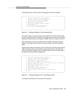 Page 86Functions and Examples
Issue 4 September 1995
5-9
The following vector could be used to test a gainst numb ers in this ta ble.
Figure 5-4. Testing for Digits In Vector Routing Table
If the caller enters an account number that is listed in the Vector Routing Table 
the call is routed to vector 8. Likewise, if the caller enters an account number that 
matches the wildcard entry (for example 1345987) the call is route d to vector 8.
If the caller enters an account number that is not listed in the Vector...