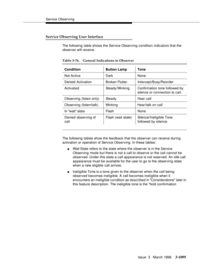 Page 1241Service Observing
Issue  3   March 1996
3-1095
Service Observing User Interface
The following table shows the Service Observing condition indicators that the 
observer will receive.
The following tables show the fee d back that the observer can receive during 
activation or operation of Service Observing. In these tables:
nWait State refers to the state where the o bserver is in the Service 
O bserving mode but there is not a call to observe or the call cannot be 
observed. Under this state a call ap p...