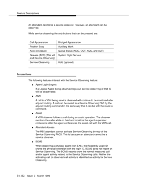 Page 1248Feature Descriptions
3-1102Issue  3   March 1996 
An attendant cannot be a service observer. However, an attendant can be 
observed.
While service o bserving the only b uttons that can be pressed are:
Interactions
The following features interact with the Service Observing feature:
nAgent Login/Logout
If a Logical Agent b eing observed logs out, service observing of that ID 
will be deactivated.
nASAI
A c all to a VDN being  service  observed will continue to be monitored after 
adjunct routing. A call...