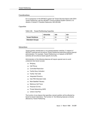 Page 1281Tenant Partitioning
Issue  3   March 1996
3-1135
Considerations
For a comparison of the DEFINITY system G2 Tenant Services feature with G3V4 
Tenant Partitioning, see the 
DE FI NITY  Co mmunications System Generic 2 to 
Generic 3 Version 4 Transition Reference
, 555-230-636.
Capacities
Interactions
Tenant partition identification is not passed between switches. A network of 
DEFI NI TY switches will not enforce Tenant Partitioning restrictions without special 
administration. For  example, Tenant...