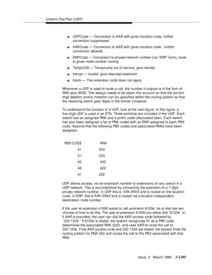 Page 1331Uniform Dial Plan (UDP)
Issue  3   March 1996
3-1185
nUDPCode — Conversion to AAR with given location c o de, further 
conversion suppressed
nAARCode — Conversion to AAR with given location code,  further 
conversion allowed
nENPCode — Conversion to private network number (via “ENP”  form), route 
to given node number routing
nTemp OOS — Temporarily out of service, give reorder
nIntrcpt — Invalid, give intercept treatment
nblank — This extension code does not apply
Whenever a UDP is used to route a call,...