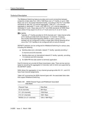 Page 1398Feature Descriptions
3-1252Issue  3   March 1996 
Technical Description
The Wideband Switching feature provides end-to-end connectivity between 
endpoints at data rates from 128 to 1536 Kb ps over a T1 facility, or up to 1984 
Kb ps over an E1 (European Standard) facility, according to the ITU-T a n d  ANSI  
standards for 384 (H0, a 6 channel aggregate), 1536 (H11, a 24 channel 
aggregate or dedicated T1 trunk), and 1920 (H12, a 31 channel aggregate, or 
dedicated E1 trunk)  Kb ps rates and ITU-T a n d...