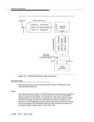 Page 1400Feature Descriptions
3-1254Issue  3   March 1996 
Figure 3-39. Wideband Switching Video Application
Considerations
Glare and blocking are the two most pertinent trunking  considerations when 
using Wideband  Switching.
Glare
Glare arises when both sides of an ISDN-PRI interface simultaneously  select the 
same B-channel for call initiation. For example, the user side of the ISDN-PRI 
interface selects a B-channel for an outg oing call.  Before the network receives 
t h e  S ETUP   message, the network...