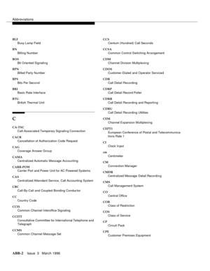 Page 1528Abbreviations
ABB-2Issue  3   March 1996
BLF
Busy Lamp Field
BN
Billing Number
BOS
Bit Oriented Signalin g
BPN
Billed Party Number
BPS
Bits Per Second
BRI
Basic Rate Interface
BTU
British Thermal Unit
C
CA-TSC
Call-Assoc iate d Temporary Signalin g Connection
CACR
Cancellation of Authorization Code Request
CAG
Coverage Answer Group
CAMA
Centralized Automatic Message Accounting
CARR-POW
Carrier Port and Power Unit for AC Powered Systems
CAS
Centralized Attendant Service, Call Accounting System
CBC...