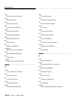 Page 1536Abbreviations
ABB-10Issue  3   March 1996
SNA
Systems Network Architecture
SNC
Switc h Node Clock
SNI
Switc h Node Interface
SPE
Switc h Processing Element
SPID
Service Profile Identifier
SSI
Standard Serial Interface
SSM
Single Site Management
SSV
Station Service
ST3
Stratum 3 Clock Board
STARLAN
Star-Based Local Area Network
SVN
Security Violation Notification
SXS
Step-b y-Step
SYSAM
System Access and A dministration
T
TAAS
Trunk Answer from Any Station
TAC
Trunk Access Cod e
TC
Technical Consultant...