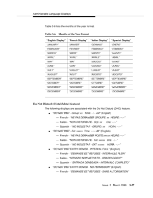 Page 181Administrable Language Displays
Issue  3   March 1996
3-37
Table 3-6 lists the months of the year format.
Do Not Disturb (Hotel/Motel feature)
The following displays are associate d with the Do Not Disturb (DND) feature.
n‘‘DO NOT DIST - Group: xx   Time: --:-- xM’’ (English)
— French - 
‘‘NE PAS DERANGER GROUPE: xx  HEURE: --:--’’
— Italian - ‘‘NON DISTURBARE - Grp: xx      Ora: --:--’’
— Spanish - ‘‘NO MOLESTAR - GRUPO: xx     HORA: --:--’’
n‘‘DO NOT DIST - Ext: xxxxx  Time: --:-- xM’’ (En glish)
—...