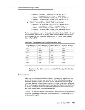 Page 199Administrable Language Displays
Issue  3   March 1996
3-55
— French - ‘‘ACHEM.: x POUR yyy ACT-HEURE: zz:zz’’
— Italian - ‘‘I NST RA DA M ENTO : x P ER  yyy AT TIV  O RE :zz: z z’ ’
— Spanish - ‘‘PLAN RUTAS: x PARA yyy HORA-ACT: zz:zz’’
n‘‘ROUTE PLAN: x FOR yyy DEACT-TIME: zz:zz’’(English)
— French  - 
‘‘ACHEM.: x POUR yyy DESACT-HEURE: zz:zz’’
— Italian - ‘‘INSTRADAM.: x PER yyy DISATTIV ORE:zz:zz’’
— Spanish - ‘‘ PLA N RU TAS : x P ARA  y yy HOR A-DES ACT:zz:zz’’
For the a bove displays, x and y...