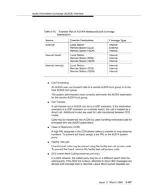 Page 291Audio Information Exchange (AUDIX) Interface
Issue  3   March 1996
3-147
nCall Forwarding
An AUDIX user can forward calls to a remote AUDIX hunt group or to the 
host AUDIX hunt group.
The system administrator must correctly administer the AUDIX destination 
for the remote AUDIX hunt group.
nCall Transfer
A call transfer out of AUDIX can be to a UDP extension. If the destination 
extension is a UDP extension on a remote switch, the call is treated as a 
direct call. Additional trunks are used for calls...