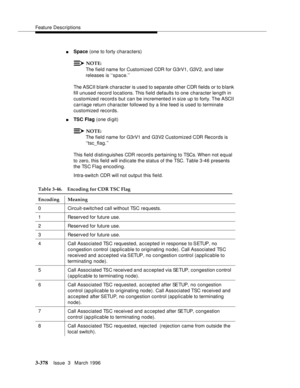 Page 522Feature Descriptions
3-378Issue  3   March 1996 
nSpace (one to forty characters) 
NOTE:
The field name for Customized CDR for G3rV1, G3V2, and later 
releases is ‘‘space.’’
The ASCII b lank character is used to separate other CDR fields or to blank 
fill unused record locations. This field defaults to one character length in 
customized record s but can be incremented in size up to forty. The ASCII 
carriage return character followed by a line feed is used to terminate 
customized records.
nTSC Flag...