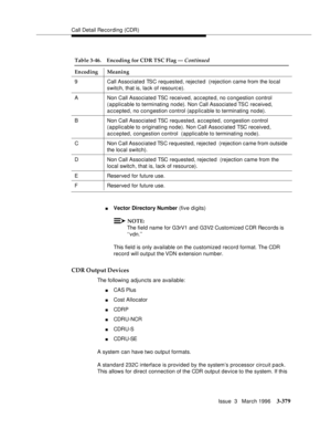 Page 523Call Detail Recording (CDR)
Issue  3   March 1996
3-379
nVector Directory Number (five digits)
NOTE:
The field name for G3rV1 and G3V2 Customized CDR Records is 
‘‘vdn.’’
This field is only available on the customized record format. The CDR 
record will output the VDN extension number.
CDR Output Devices
The following adjuncts are available:
nCAS Plus
nCost Allocator
nCDRP
nCDRU-NCR
nCDRU-S
nCDRU-SE
A system can have two output formats.
A standard 232C interface is provided by the system’s processor...