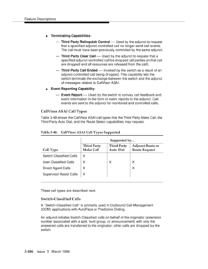 Page 630Feature Descriptions
3-486Issue  3   March 1996 
nTerminating Capabilities:
—Third Party Relinquish Control 
— Used by the adjunct to request 
that a sp ecified adjunct-controlled call no longer send call events. 
The call must have been previously controlled by the same adjunct.
—Third Party Clear Call 
— Used by the adjunct to request that a 
specified adjunct-controlled c all b e d rop ped (all p arties on that call 
are dropped and all resources are released from the call).
—Third Party Call Ended 
—...