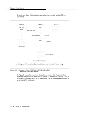 Page 764Feature Descriptions
3-620Issue  3   March 1996 
B and B and C are DCS trunks transported over any kind of facility (ISDN or 
non-ISDN).
.
Figure 3-9. Display —  Non-DCS, Non-ISDN Trunk to DCS 
Trunk over Non-ISDN Trunk
In Figure 3-9, a call is made from the station on system A to the principal on 
system B and c overed b y the station on system C. The tie trunk b etween A and B 
is not a DCS trunk and is not an ISDN PR I trunk. The tie trunk  between B  and C is 
a non-ISDN PRI DCS trunk.
S75, G1,
or...