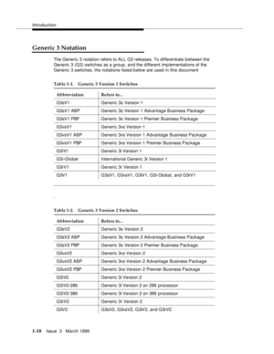 Page 85Introduction
1-10Issue  3   March 1996 
Generic 3 Notation
The Generic 3 notation refers to ALL G3 releases. To differentiate b etween the 
Generic 3 (G3) switches as a group, and the different imp lementations of the 
Generic 3 switches, the notations listed below are used in this document 
.
Table 1-1. Generic 3 Version 1 Switches
Abbreviation Refers to...
G3sV1 Generic 3s Version 1
G3sV1 ABP Generic 3s Version 1 Advantage Business Package
G3sV1 PBP Generic 3s Version 1 Premier Business Package
G3vsV1...