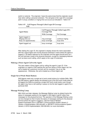 Page 856Feature Descriptions
3-712Issue  3   March 1996 
switch or external.  The originator  hears the same tones that the originator would 
hear when calling a physical extension. The call goes to the Login ID’s coverage 
path if a busy condition or ringing time out occurs as indicated in  Table 3-57.
After dialing the Login ID, the originator’s display shows the name associated 
with the Logical Agent and not the physical extension’s name where the agent is 
logg e d in. All station features for the...