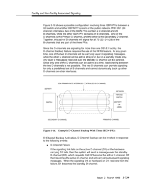 Page 883Facility and Non-Facility Associated Signaling
Issue  3   March 1996
3-739
Figure 3-16 shows a possible configuration involving three ISDN-PRIs b etween a 
G3 switch and another DEFI NIT Y syst em  or the  public network. With  DS1  (24 
channel) interfaces, two of the ISDN-PRIs contain a D-channel and 23 
B-c hannels, while the other ISDN-PRI contains 24 B-channels.  One of the 
D-channels is the Primary D-channel, and the other is the Secondary D-channel.  
Together, this p air of D-c hannels will...