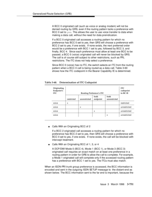 Page 895Generalized Route Selection (GRS)
Issue  3   March 1996
3-751
A BCC 0 originated call (such as voice or analog modem) will not b e 
denied routing by GRS, even if the routing pattern lacks a preference with 
BCC 0 set to yes. This allows the user to use voice transfer to data when 
making a data call, without the need for data preindication.
If a BCC 0 originated  call accesses a routing pattern for which no 
preference has BCC 0 set to yes, then GRS will choose a preference with 
BCC 2 set to yes, if...