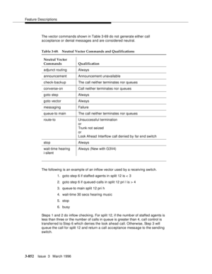 Page 996Feature Descriptions
3-852Issue  3   March 1996 
The vector commands shown in Table 3-69 do not generate either call 
acceptance or denial messages and are considered neutral.
The following is an example of an inflow vector used by a receiving switch.
1. goto step 6 if staffed-agents in split 12 is <  3
2. goto step 6 if queued-calls in split 12 pri l is > 4
3. queue-to main split 12 pri h
4. wait-time 30 secs hearing music
5. stop
6. busy
Steps 1 and 2 do inflow checking. For split 12, if the numb er of...