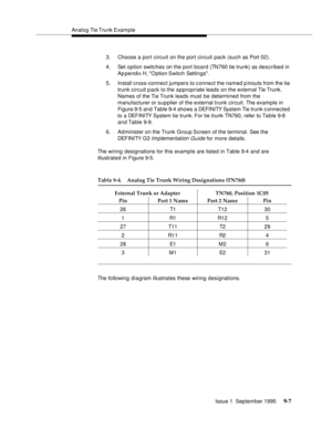 Page 132Analog Tie Trunk Example
Issue 1  September 1995 
9-7
3. Choose a port circuit on the port circuit pack (such as Port 02).
4. Set option switches on the port board (TN760 tie trunk) as described in 
Ap pendix H, Option Switch Settings.
5. Install cross-connect jumpers to connect the named pinouts from the tie 
trunk circuit pack to the appropriate leads on the external Tie Trunk. 
Names of the Tie Trunk leads must be determined from the 
manufacturer or supplier of the external trunk circuit. The example...