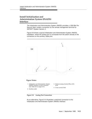 Page 146Install Initialization and Administration System (INADS) 
Interface
Issue 1  September 1995 
9-2 1
Install Initialization and 
Administration System (INADS)
Interface
The Initialization and Administration System (INADS) provides a 1200 Bits Per 
Second (bps) modem connection for the remote management terminal for 
DEFI NIT Y System Generic 3.
Figure 9-9 shows a typical Initialization and Administration System (INADS) 
installation, where the analog port is connected from the switch directly to the...