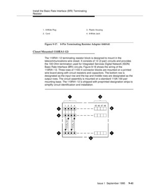 Page 166Install the Basic Rate Interface (BRI) Terminating 
Resistor
Issue 1  September 1995 
9-4 1
Figure 9-17. 8-Pin Terminating Resistor Adapter (440A4)
Closet Mounted (110RA1-12)
The 110RA1-12 terminating resistor block is designed to mount in the 
telecommunications wire closet. It consists of 12 (2-pair) circuits and provides 
the 100 Ohm termination used for Integrated Services Digital Network (ISDN) 
Basic Rate Interface (BRI) circ uits. Figure 9-18 shows the wiring of the 
110RA1-12. Three rows  of...