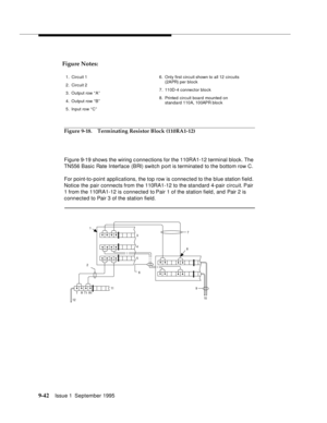 Page 1679-4 2Issue 1  September 1995  
Figure 9-18. Terminating Resistor Block (110RA1-12)
Figure 9-19 shows the wiring connections for the 110RA1-12 terminal block. The 
TN556 Basic Rate Interface (BRI) switch p ort is terminated to the bottom row C.
For point-to-point applications, the top row is connected to the blue station field. 
Notice the pair connects from the 110RA1-12 to the standard 4-pair circuit. Pair 
1 from the 110RA1-12 is connected to Pair 1 of the station field, and Pair 2 is 
connected to...