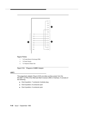 Page 1739-4 8Issue 1  September 1995  
Figure Notes:
1. To Private  Branch  Exchange (PBX)
2. To  P owe r Su p p ly
3. To Telephone Station Set
Figure 9-24. Diagram of 400B2 Adapter
400F2
This p i gg y back adapter (Figure 9-25) provides auxiliary power from the 
KS-22911 to PR3 of the Alternate Mark Inversion (AMI) U-Interface. It consists of 
the following:
nOne 8-position, 7-conductor modular plug
nOne 8-position, 8-conductor jack
nOne 6-position, 2-conductor jack
1
2
3
4
5
6
7
81
2
3
4
5
6
1
2
3
4
5
6
7
8
31
2 