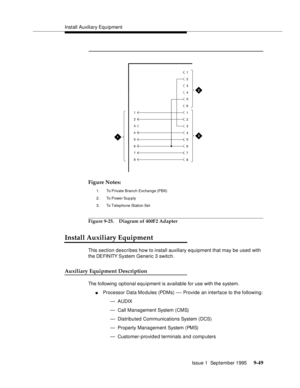 Page 174Install Auxiliary Equipment
Issue 1  September 1995 
9-4 9
Figure Notes:
1. To Private  Branch  Exchange (PBX)
2. To  P owe r Su p p ly
3. To Telephone Station Set
Figure 9-25. Diagram of 400F2 Adapter
Install Auxiliary Equipment
This section describes how to install auxiliary equipment that may be used with 
the DEFINITY System Generic 3 switch.
Auxiliary Equipment Description
The following optional equipment is available for use with the system.
nProcessor Data Mo dules (PDMs) — Provide an interface to...