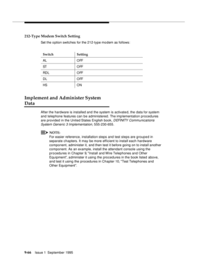 Page 1919-6 6Issue 1  September 1995  
212-Type Modem Switch Setting
Set the o ption switches for the 212-type modem as follows:
Implement and Administer System 
Data
After the hardware is installed and the system is activate d, the data for system 
and telephone features can be administered. The imp lementation procedures 
are provided in the United States English book, 
D EFI NITY  Communications 
System Generic 3 Implementation
, 555-230-655.
NOTE:
For easier reference, installation steps and test steps are...