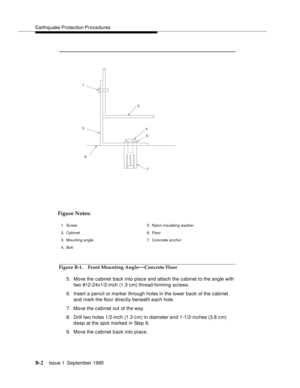 Page 211Earthquake Protection Procedures
B-2Issue 1  September 1995  
Figure B-1. Front Mounting Angle—Concrete Floor
5. Move the cabinet  back into place and attach the cabinet to the angle with 
two #12-24x1/2-inch (1.3 cm) thread-forming screws. 
6. Insert a pencil or marker through holes in the lower back of the cabinet 
and mark the floor directly beneath each hole. 
7. Move the cabinet out of the way.
8. Drill two holes 1/2-inch (1.3 c m) in diameter and 1-1/2-inches (3.8 c m) 
deep at the spot marked in...