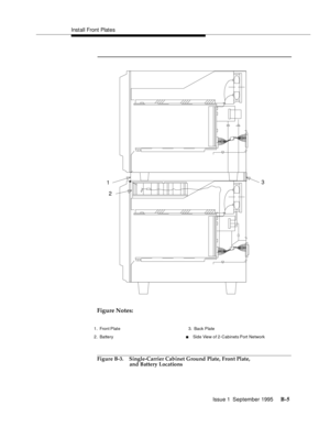 Page 214Install Front Plates
Issue 1  September 1995 
B-5
Figure Notes:
Figure B-3. Single-Carrier Cabinet Ground Plate, Front Plate,
and Battery Locations
1
23
1. Front Plate
2. Battery3. Back Plate
nSide View of 2-Cabinets Port Network 