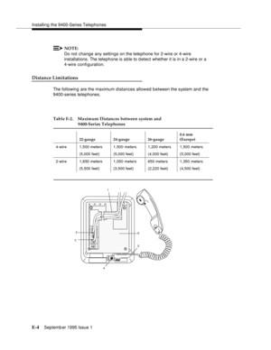 Page 241Installing the 9400-Series Telephones
E-4Septemb er 1995 Issue 1  
NOTE:
Do not change any settings on the telephone for 2-wire or 4-wire 
installations. The telephone is able to detect whether it is in a 2-wire or a 
4-wire configuration.
Distance Limitations
The following are the maximum distances allowed between the system and the 
9400-series telephones.
 
Table E-2. Maximum Distances between system and 
9400-Series Telephones
22-gauge 24-gauge 26-gauge0.6 mm 
(Europe)
4-wire 1,500 meters
(5,000...