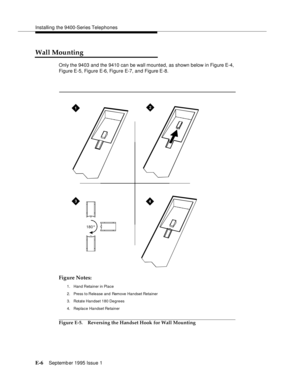 Page 243Installing the 9400-Series Telephones
E-6Septemb er 1995 Issue 1  
Wall Mounting
Only the 9403 and the 9410 can be wall mounted, as shown below in Figure E-4, 
Figure E-5, Figure E-6, Figure E-7, and Figure E-8.
 
Figure Notes:
1. Hand Retainer in Place
2. Press to Release and  Remove Handset Retainer
3. Rotate Handset 180 Degrees
4. Rep la c e  Ha n d set Re ta in er
Figure E-5. Reversing the Handset Hook for Wall Mounting
34
12
180° 