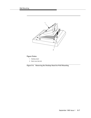 Page 244Wall Mounting
September 1995 Issue 1 
E-7
 
Figure Notes:
1. Desktop stand
2. Desk mount tab slot
Figure E-6. Removing the Desktop Stand for Wall Mounting
2
1 