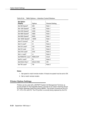 Page 276O ption Switch Setting s
H-20Septemb er 1995 Issue 1  
Notes:
1. Set s peed to match remote modem. At least one s peed must be set to ON.
2. Set to match remote modem.
Printer Option Settings
Printers can be used with a DEFINITY System  G3  Management Terminal, as 
journal printers for the hosp itality feature, and also as an output receiving device 
for Station Message Detail Re cording (SMDR). The printers covered are the 470, 
471, 475, 476, and 572. The 475 printer is currently being replaced by the...