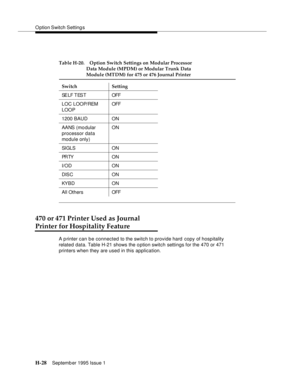 Page 284O ption Switch Setting s
H-28Septemb er 1995 Issue 1  
470 or 471 Printer Used as Journal
Printer for Hospitality Feature
A p rinter can be connected to the switch to provide hard  copy of hospitality 
related data. Table H-21 shows the o ption switch settings for the 470 or 471 
printers when they are used in this application. Table H-20. Option Switch Settings on Modular Processor 
Data Module (MPDM) or Modular Trunk Data 
Module (MTDM) for 475 or 476 Journal Printer
Switch Setting
SELF TEST OFF
LOC...