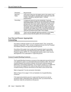 Page 31Plan and Prepare the Site
2-8Issue 1  September 1995 
Lay Out and Ensure Appropriate 
Grounding
Grounding is relatively simple for an AC-powered switch. First, connect the 
cabinets to each other. Then, connect a single ground wire from the Processor 
Port Network (PPN) to the a p proved protective ground. 
Grounding of the system must comply with the general rules for grounding 
contained in Article 250 of the National Electrical Code (NEC), National Fire 
Protection Agency (NFPA) 70, or the applicable...