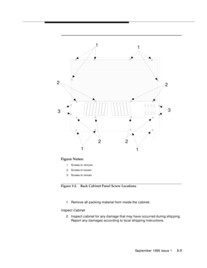 Page 36September 1995 Issue 1 3-3
Figure Notes:
1. Screws to remove 
2. Screws to loosen
3. Screws to remain
Figure 3-2. Back Cabinet Panel Screw Locations
1. Remove all packing material from inside the cabinet.
Inspect Cabinet
2. Inspect cabinet for any d amage that may have occurred during ship ping. 
Report any damages according to local shipping instructions.
3 2
1
1
223 2
11 