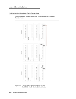 Page 63Install and Connect the Cabinets
4-26Issue 1  September 1995 
High Reliability Fibre-Optic Cable Connections
For High-Reliability system  configuration, route the fibre-optic cables as 
illustrated below.
Figure 4-17. Fibre-Optic Cable Connections for High
Reliability Single-Carrier Cabinet System
1 2 3 4 5 6 7 8 9 10 11 12 13 14 15 16 17 181 2 3 4 5 6 7 8 9 10 11 12 13 14 15 16 17 18
1 2 3 4 5 6 7 8 9 10 11 12 13 14 15 16
TerminalAUX
ACDPort Cabinet
Port Cabinet
Control Cabinet
1 2 3 4 5 6 7 8 9 10 11...