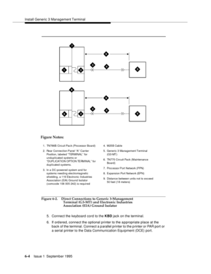 Page 85Install Generic 3 Management Terminal
6-4Issue 1  September 1995  
 
Figure 6-2. Direct Connections to Generic 3-Management 
Terminal (G3-MT) and Electronic Industries 
Association (EIA) Ground Isolator
5. Connect the keyboard cord to the KBD jack on the terminal.
6. If ord ered, connect the optional printer to the a p propriate place at the 
back of the terminal. Connect a parallel printer to the p rinter or PAR port or 
a serial printer to the Data Communication Equipment (DCE) port.
7
3
3
4
4
9
9
5
5...
