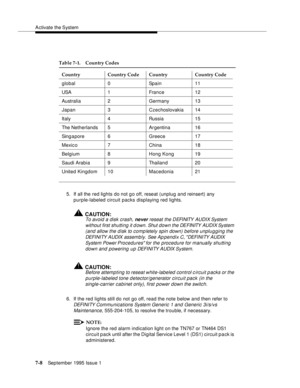 Page 96A ctivate the System
7-8September 1995 Issue 1  
5. If all the red lights do not go off, reseat (unplug and reinsert) any 
purple-labeled circuit packs displaying red lights.
!CAUTION:
To avoid a disk crash, never reseat the DEFINITY  AUDIX System 
without first shutting it d own. Shut down the DEFINITY AUDIX System 
(and allow the disk to completely spin down) before unplugging the 
DEFI NI TY AUDIX assembly. See Ap pendix C, DEFI NI TY AUDIX 
System Power Procedures for the procedure for manually...