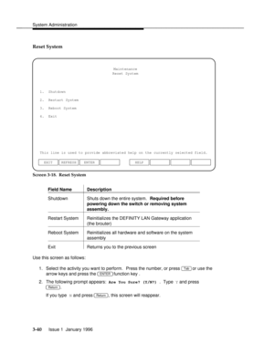 Page 101System Administrationbbbbbbbbbbbbbbbbbbbbbbbbbbbbbbbbbbbbbbbbbbbbbbbbbb
Reset System
1.  Shutdown
2.  Restart System
3.  Reboot System
This line is used to provide abbreviated help on the currently selected field.Maintenance
Reset System
4.  Exit
ENTER EXIT REFRESHHELP
Screen 3-18.  Reset System
Field Name Description
bbbbbbbbbbbbbbbbbbbbbbbbbbbbbbbbbbbbbbbbbbbbbbbbbbbbbbbbbbbbbbbbbbbbbbb
bbbbbbbbbbbbbbbbbbbbbbbbbbbbbbbbbbbbbbbbbbbbbbbbbbbbbbbbbbbbbbbbbbbbbbb
Shutdown Shuts down the entire system....
