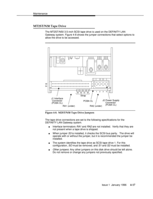 Page 132Maintenancebbbbbbbbbbbbbbbbbbbbbbbbbbbbbbbbbbbbbbbbbbbbbbbbbb
MT2ST/N50 Tape Drivebbbbbbbbbbbbbbb
The MT2ST/N50 3.5-inch SCSI tape drive is used on the DEFINITY LAN
Gateway system. Figure 4-8 shows the jumper connections that select options to
allow the drive to be accessed.
bbbbbbbbbbbbbbbbbbbbb
1
2
1234 49
50
J1 Interface
Connector
(PCBA CL)
RA1 (under)
Strap
PCBA CL
RA2 (under)
J2 Power Supply
Connector
(PCBA CL)
S3    S2    S1    S0
bbbbbbbbbbbbbbbbbbbbbbbbbbbbbbbb
Figure 4-8.  M2ST/N50 Tape Drive...