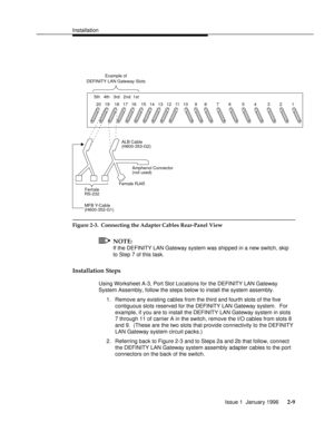 Page 28Installationbbbbbbbbbbbbbbbbbbbbbbbbbbbbbbbbbbbbbbbbbbbbbbbbbb
bbbbbbbbbbbbbbbbbbbbbbbb
Amphenol Connector
Female RJ45
Female
RS-232
MFB Y-Cable
(H600-352-G1)ALB Cable
(H600-353-G2)
20   19    18   17   16    15   14   13   12   11   10 5th   4th   3rd   2nd  1st
    9      8        7        6         5        4         3        2        1 Example of
DEFINITY LAN Gateway Slots
(not used)
bbbbbbbbbbbbbbbbbbbbbbbbbbbbbbbbbbbb
Figure 2-3.  Connecting the Adapter Cables Rear-Panel View
NOTE:
If the DEFINITY...